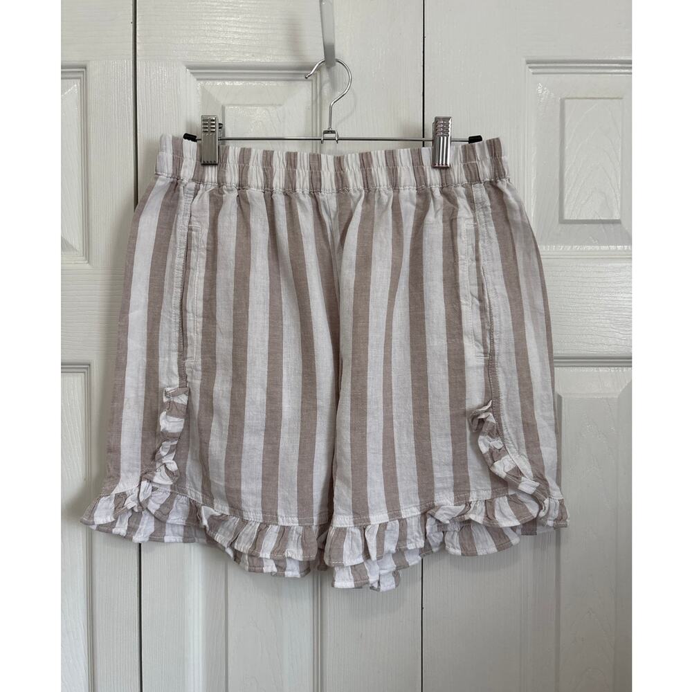 Beachlunchlounge Tan White Striped Linen Blend Ruffle Hem Shorts Elastic Waist S